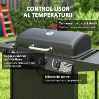 Outsunny Grătar pe Gaz cu Capac, Termometru, Măsuță Laterală și Tavă pentru Colectarea Grăsimii, 121x54x97 cm, Negru(m-5)