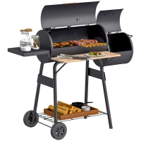 Outsunny Barbecue a Carbone con Coperchio e Affumicatore, BBQ da Giardino con Ripiani e Ruote 124x53x104 cm, Nero