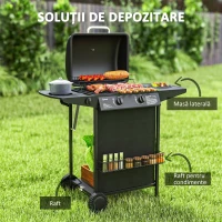 Outsunny Grătar pe Gaz cu Capac, Termometru, Măsuță Laterală și Tavă pentru Colectarea Grăsimii, 107x54x96 cm, Negru(m-6)