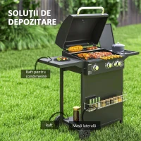 Outsunny Grătar pe Gaz cu Arzătoare Independente 3+1, Capac, Termometru și Măsuță Laterală, 123x57x98 cm, Negru(m-6)