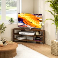 HOMCOM Corner TV Stand with 2 Open Shelves for 47 Inch TV - Rustic Brown(m-7)