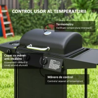 Outsunny Grătar pe Gaz cu Capac, Termometru, Măsuță Laterală și Tavă pentru Colectarea Grăsimii, 107x54x96 cm, Negru(m-5)