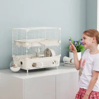 PawHut Hamsterkäfig mit 2 Ebenen und 3 Türen mit Rad und Röhren, aus Stahl, PS und PP, 44,5x28x44 cm, Creme und Weiß(m-2)