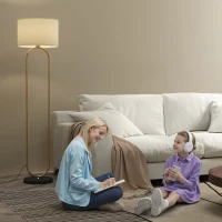 HOMCOM Stehlampe mit Leinenschirm und E27-Fassung, moderner Stil, Fußschalter für Wohnzimmer und Schlafzimmer, 156 cm, gold und schwarz(m-5)