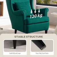 HOMCOM Modern Accent Chair, Upholstered Wingback Armchair with High Backrest and Pillow, Velvet-Feel Fabric Reading Chair with Solid Wood Legs for Living Room, Bedroom, Home Office, Dark Green(m-5)