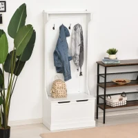 HOMCOM Bodengarderobenständer Modern 3 in 1 mit 4 Haken, Aufbewahrungsbank und Garderobenständer, Platzsparendes Möbel für Flur, Korridor, Schlafzimmer aus Holz, 71,5x39,5x170 cm, Weiß(m-2)