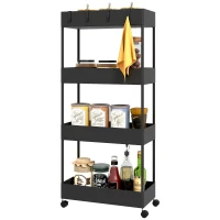 HOMCOM Carrinho Auxiliar com Rodas Carrinho de Armazenamento com 4 Cestas e 4 Ganchos Amovíveis 40x19x90 cm Preto(m-11)