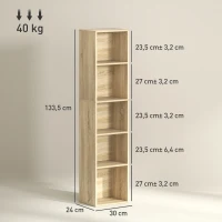 HOMCOM Bücherregal Aufbewahrungsregal 5 Ebenen mit verstellbaren Regalen für Wohnzimmer, Schlafzimmer, Büro, 30x24x133,5cm, Naturholz(m-3)