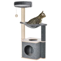 PawHut Kratzbaum für Katzen Hoch 95cm, Katzenbaum mit Mehreren Ebenen, Höhle, Hängematte, Spielball, Haus und Sisalseilen, 48x34x95cm, Grau(m-5)