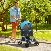 PawHut Hundewagen Wandelbar mit 2 Leinen und Kissen, aus Stahl und Oxford, 82x49,5x98 cm, Blau und Schwarz(m-2)
