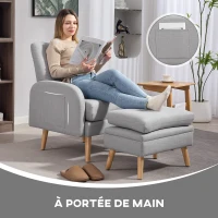 HOMCOM Fauteuil de relaxation avec repose-pied fauteuil TV avec coussins capitonné en tissu lin 68,5 x 73,5 x 90 cm gris clair(m-6)