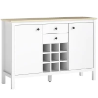 HOMCOM Buffet meuble de rangement avec 2 tiroirs, 2 portes étagères réglables et porte-bouteilles pour 9 bouteilles, blanc(m-11)