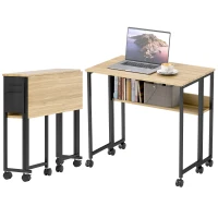 HOMCOM Bureau pliable sur roulettes 80 x 50 cm avec étagère et sac de rangement, chêne(m-1)