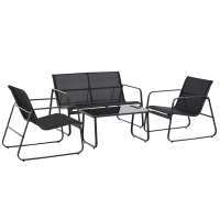 Outsunny Set Tisch mit Bank und 2 Stühlen für den Garten, Gartenmöbel-Set aus Metall und Texteline, Schwarz