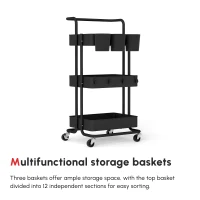 HOMCOM Three-Tier Home Trolley, with Handle and Wheels - Black(m-4)