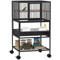 PawHut Vogelkäfig mit unterem Regal, herausnehmbarem Tablett und Gitter, aus Stahl und PP, 48x46x83 cm, Schwarz(m-5)