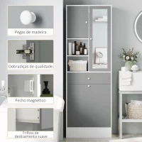 HOMCOM Armário de Casa de Banho com Cesto para Roupa Suja Espelho Gaveta e Prateleiras Ajustáveis 62x28,3x181 cm Branco e Cinza(m-8)