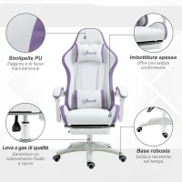 Vinsetto Sedia da Gaming con Altezza Regolabile e Schienale Reclinabile, 65x65x121-129 cm, Bianco e Viola(m-4)