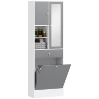 HOMCOM Badezimmerschrank mit Wäschekorb und Spiegeltür verstellbarem Regal 62 x 28,3 x 181 cm grau und weiß(m-6)