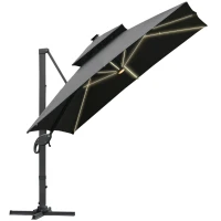 Outsunny Rechteckiger LED-Cantilever-Sonnenschirm, neigbar, drehbar, mit Kurbel, Stahl-Aluminium-Gestell, Maße 3L x 3B x 2,66H m, Polyester Grau(m-6)
