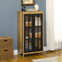 HOMCOM Moderner Schrank mit 2 Glastüren und Holz, 60x35x120cm, Braun(m-2)