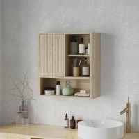 HOMCOM Wandhängender Badezimmerschrank mit verstellbaren Regalen, Schiebetür und offenen Regalen, natürliche Holzoberfläche(m-2)