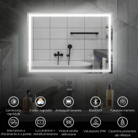 HOMCOM Specchio Bagno Antiappannante con Luce LED Regolabile, Speaker Bluetooth, Pulsanti Touch, 50x70 cm(m-4)