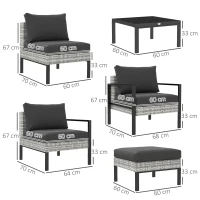Outsunny Gartenlounge-Set für 5 Personen, Balkon-Lounge aus Kunststoff-Rattan mit Sesseln, Hocker und Couchtisch Hellgrau(m-3)