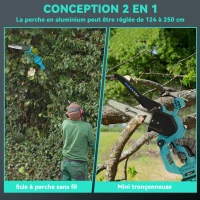 Outsunny Mini tronçonneuse à batterie 8 pouces 6000mAh 580W élagueuse sans fil pour branches et jardin perche télescopique bleu(m-4)