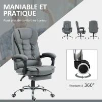 HOMCOM Fauteuil de bureau fauteuil manager grand confort dossier inclinable roulettes PU 64,5 x 69 x 117 cm gris(m-6)
