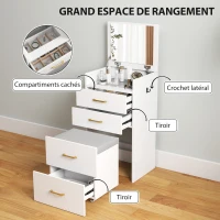 HOMCOM Coiffeuse avec miroir et tabouret 3 en 1, 3 tiroirs et plateau en verre visible, coussin rembourré, 48 x 40 x 90 cm, blanc(m-6)