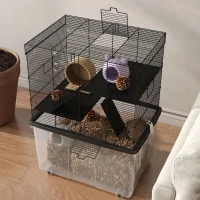 PawHut Hamsterkäfig 3 Etagen mit Rädern, 2 Plattformen, Rampen, Napf und Trinkflasche, 58x43x74 cm, Schwarz(m-3)