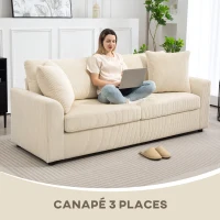 HOMCOM Canapé 3 places 212 cm avec 2 coussins à ressorts, tissu velours côtelé, pour salon, chambre, bureau à domicile, crème(m-4)