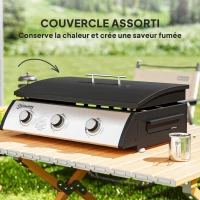 Outsunny Plancha gaz 3 brûleurs 7,5 kW, surface cuisson 61 x 35,5 cm avec couvercle, gaz liquéfié/propane, 63 x 47 x 25 cm noir(m-6)