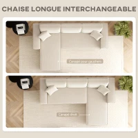 HOMCOM Canapé d'angle réversible 3 places moderne avec coussins inclus, tissu velours côtelé, crème(m-4)