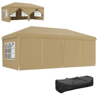 Outsunny Faltbarer wasserdichter Pop-up-Gartenpavillon 6 x 3 x 2,7 m mit 4 abnehmbaren Seitenwänden, 4 Fenstern und Transporttasche in Khaki(m-1)