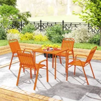 Outsunny Gartentisch im Freien mit 4 stapelbaren Stühlen, Lattenplatte 80 cm, rostbeständiger Stahl, Orange(m-5)