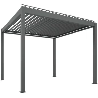 Outsunny 3 x 3(m) Electric Louvered Pergola with LED Lights, Aluminium Pergola Hardtop Gazebo with Remote, Adjustable Roof and Drainage System, Water and UV Proof(m-10)