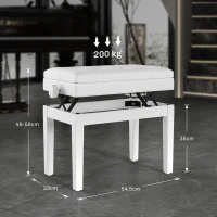 HOMCOM Banc de piano, banc de clavier réglable en hauteur en bois massif, compartiment de rangement, 55 x 33 x 48-58 cm blanc(m-3)