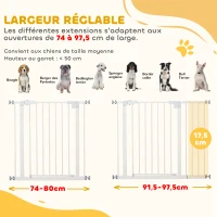 PawHut Barrière de sécurité sans perçage largueur réglable 74-80 / 91,5-97,5 cm double verrouillage fermeture automatique barrière chien pour porte couloir escalier acier blanc(m-4)