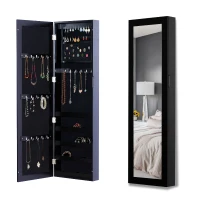 HOMCOM Wand Schmuckschrank mit Haken und Fächern aus Holz, Schmuckschrank mit Spiegel für Ohrringe, Halsketten und Ringe, 37x9.5x121 cm, Schwarz(m-5)