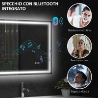 HOMCOM Specchio Bagno Antiappannante con Luce LED Regolabile, Speaker Bluetooth, Pulsanti Touch, 50x70 cm(m-5)
