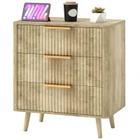HOMCOM Commode 3 tiroirs avec poignées et pieds de pin, bois effet cannelé, pour chambre à coucher, salon, couloir, chêne(m-1)