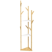 HOMCOM Baumgarderobenständer aus Bambus mit 9 Haken und 3 Ablagen, Naturholz und Weiß