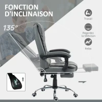 HOMCOM Fauteuil de bureau fauteuil manager grand confort dossier inclinable roulettes PU 64,5 x 69 x 117 cm gris(m-5)