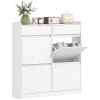 HOMCOM Schuhschrank für 8 Paare mit 2 Schubladen und 4 klappbaren Schubladen, 98 x 19,2 x 95,3 cm, weiß(m-1)