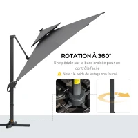 Outsunny Rechteckiger LED-Cantilever-Sonnenschirm, neigbar, drehbar, mit Kurbel, Stahl-Aluminium-Gestell, Maße 3L x 3B x 2,66H m, Polyester Grau(m-4)