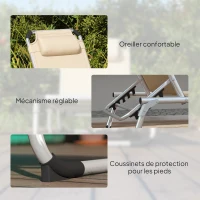 Outsunny Bain de soleil, chaise longue pliante avec appuie-tête, dossier inclinable, aluminium et textilène, beige(m-8)