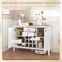 HOMCOM Buffet meuble de rangement avec 2 tiroirs, 2 portes étagères réglables et porte-bouteilles pour 9 bouteilles, blanc(m-4)