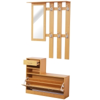 HOMCOM Set Moderner Eingangsmöbel mit Schuhregal und Spiegel, Garderobenständer mit 6 Haken, 2 Verstellbaren Regalen und Schubladen aus Holz für Flur, 90x24x177 cm, Nussbaum